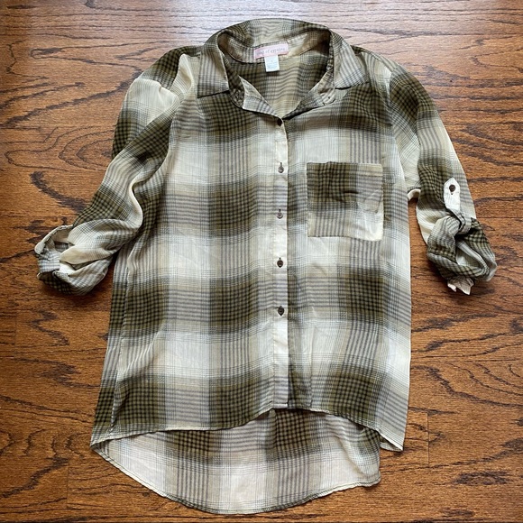 Plaid green sheer button up top - Picture 2 of 6